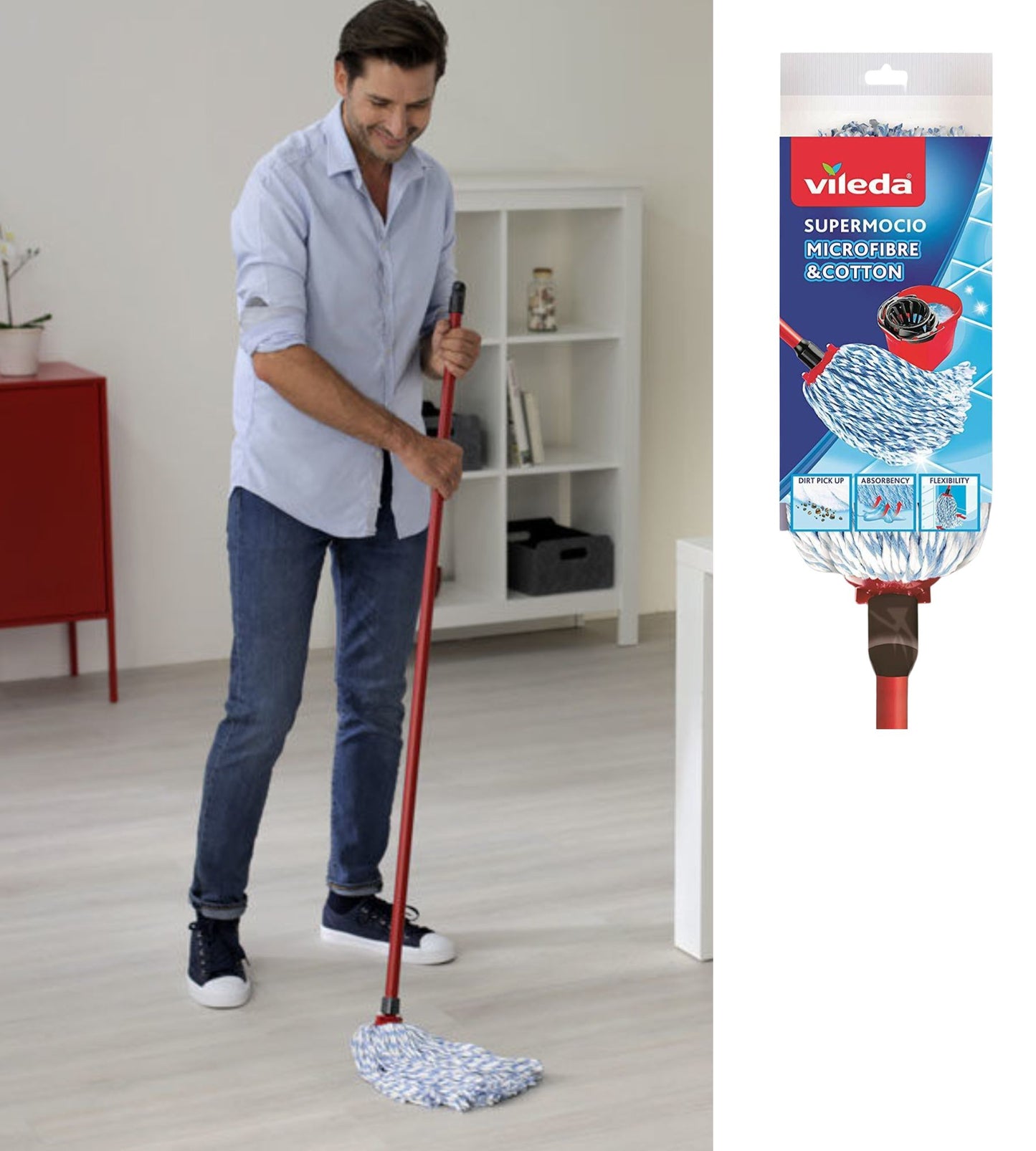 Vileda Supermocio Cotton Head & Handle Single - Telescopic Extendable Handle