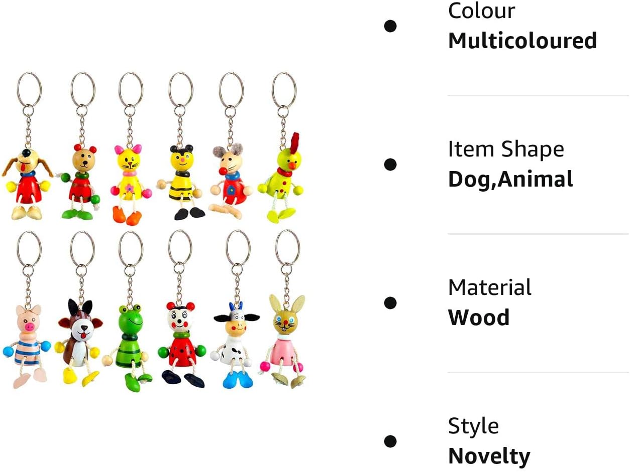 Henbrandt 12 x Animal Wooden Key rings Bag Charms Keychains Party Bag Fillers
