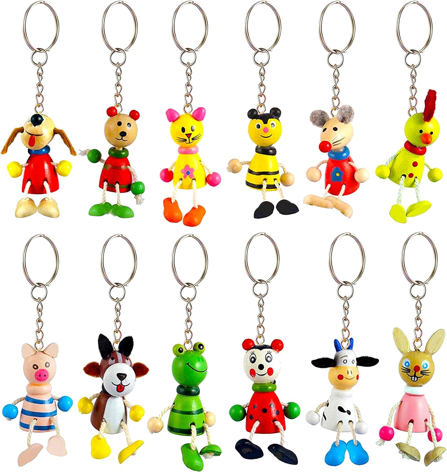 Henbrandt 12 x Animal Wooden Key rings Bag Charms Keychains Party Bag Fillers